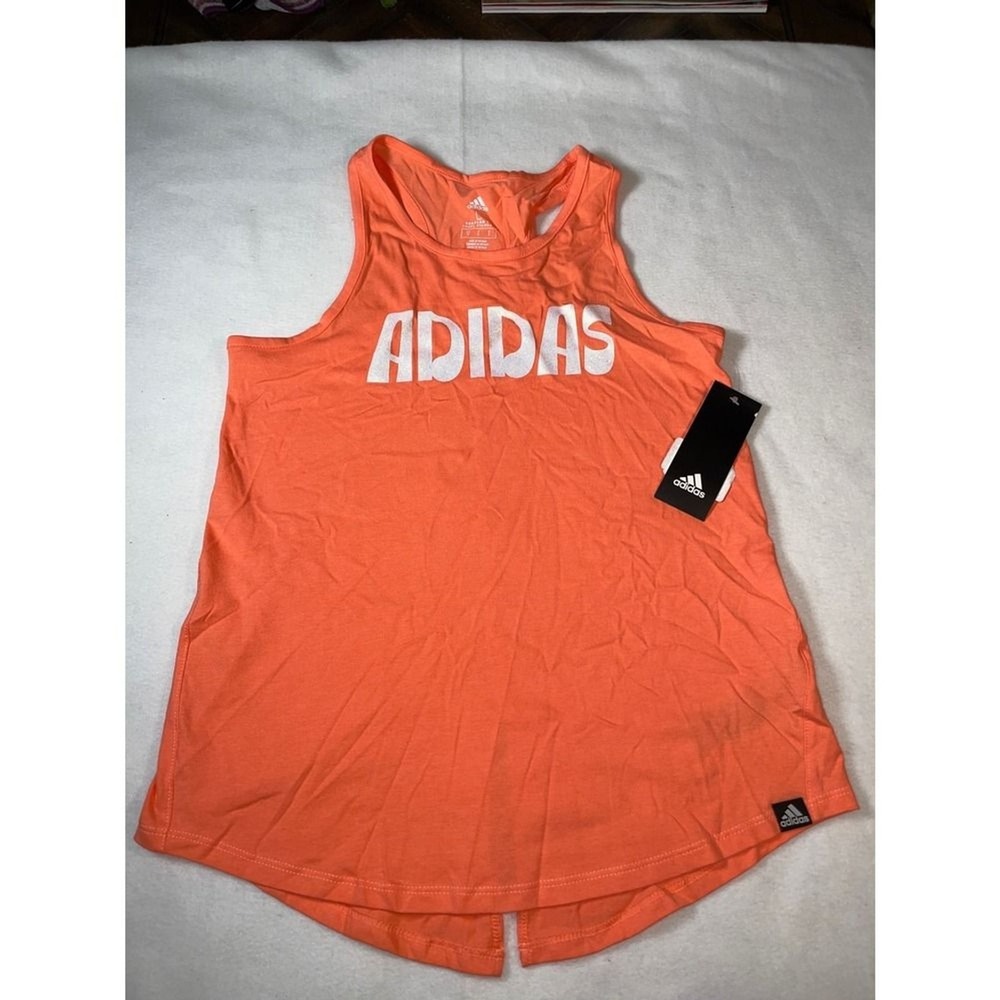 Adidas Girls‎ Orange Graphic Logo Racerback Tank Top Shirt Size L 14 NEW